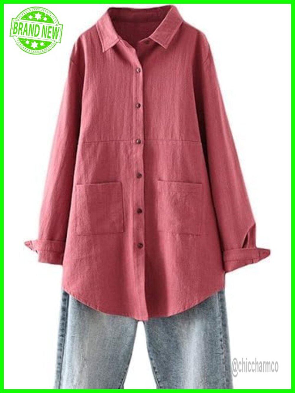 Minibee Linen Tunic Top Button Down Long Sleeve V-Neck Loose Fit Casual